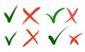 Hand written Do and Dont check tick mark and red cross checkbox icons lettering design isolated on white background.